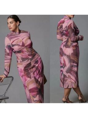 Anthropologie Long Sleeve Printed Mesh Midi Maxi Dress Ruched Mock Neck